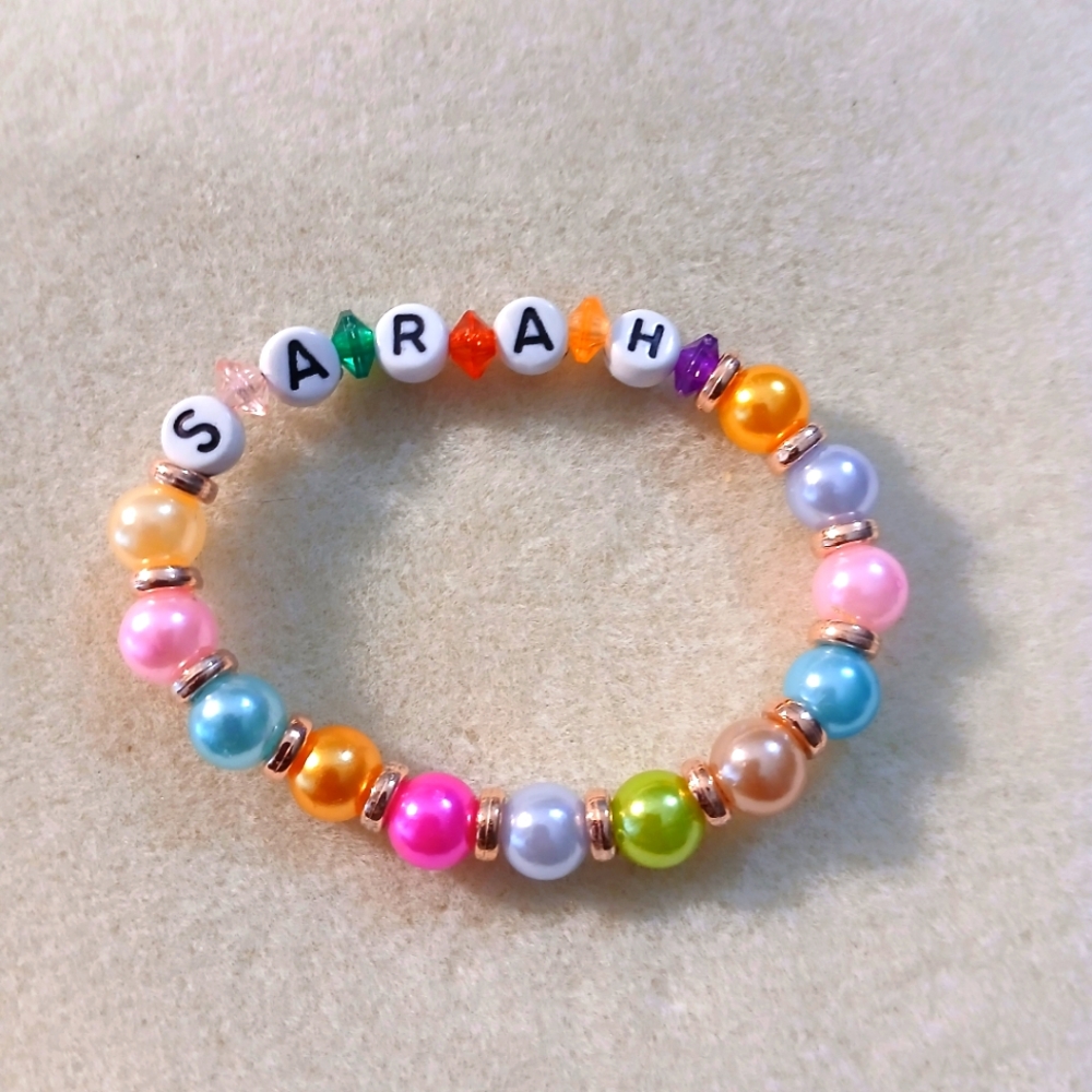 NWT Handcrafted Colorful Beaded Women's Name "Sarah"Bracelet w/Rose Gold Accents